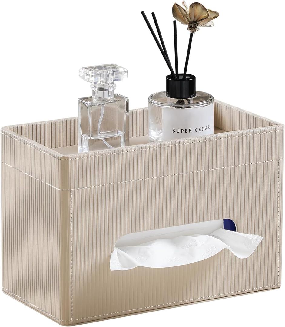 Tissue Box Cover Rectangle with Storage Tray, PU Leather Tissue Holder for Bathroom Vanity Countertop Night Stands Bedroom Office Desk, Stylish Rectangular Tissue Box Holder (Beige)