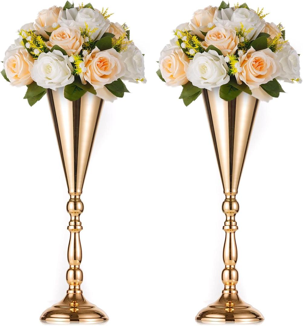 NUPTIO Trumpet Vase Wedding Centerpiece, 16.5" Tall, Metal, Gold, 2 Pcs