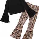 WDIRARA Girl's 2 Piece Flounce Sleeve Top and Leopard Print Bell Leg Bottom Pants Set