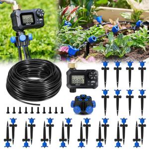 HIRALIY 100FT Pressure Compensating Irrigation System with Garden Timer, New Quick Connector Garden Watering System, Irrigation Kit for Plants, Watering Regularly by Timer