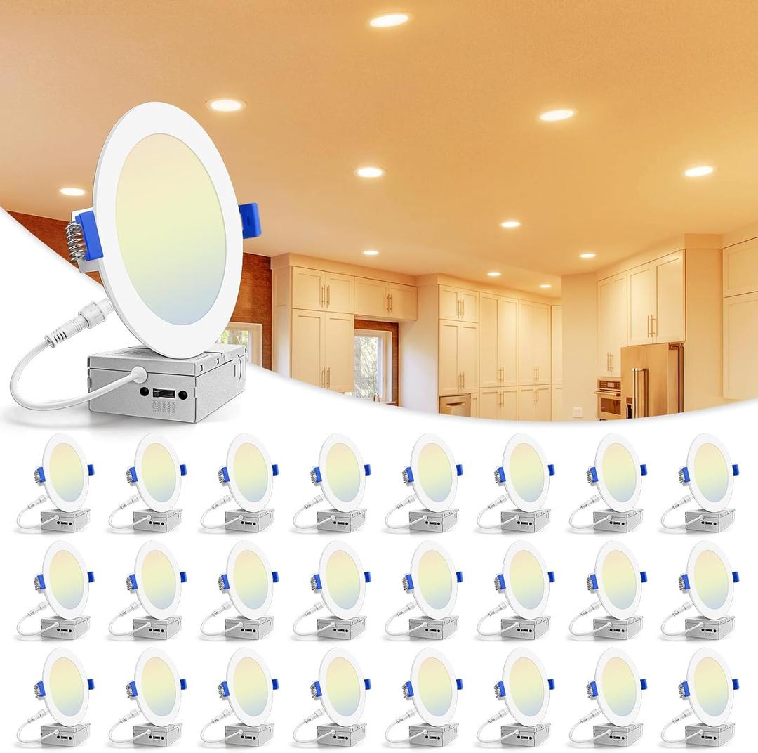 VOLISUN 24 Pack 6 inch Recessed Lighting, 5CCT LED Recessed Light with Junction Box, 2700K-5000K Selectable, 13W Eqv 120W, 1080LM Dimmable Canless Wafer Downlight, LED Ceiling Light ETL Certificated (White)