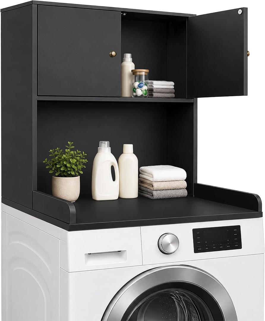 Washer Dryer Countertop with Cabinets, 2-Tier Laundry Countertop with Shelf, Single