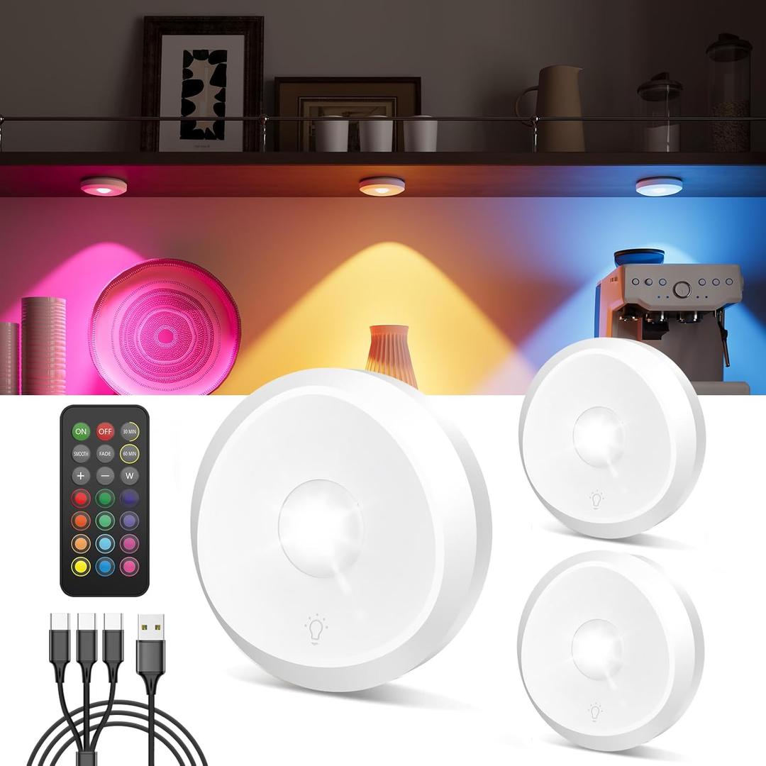 Rechargeable RGB Puck Lights with Remote, 2400mAh Battery Touch Light Magnetic Push Tap Lights Wireless Color Changing LED Under Cabinet Lighting, Sitck On Light for Kitchen, Closet, Pantry, Shelves (3 Pack)