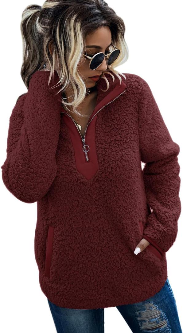 AQOTHES Womens Loose Casual Zipper Sherpa Fleece Pockets Pullover Sweatshirt for Women (Large, WineRed)