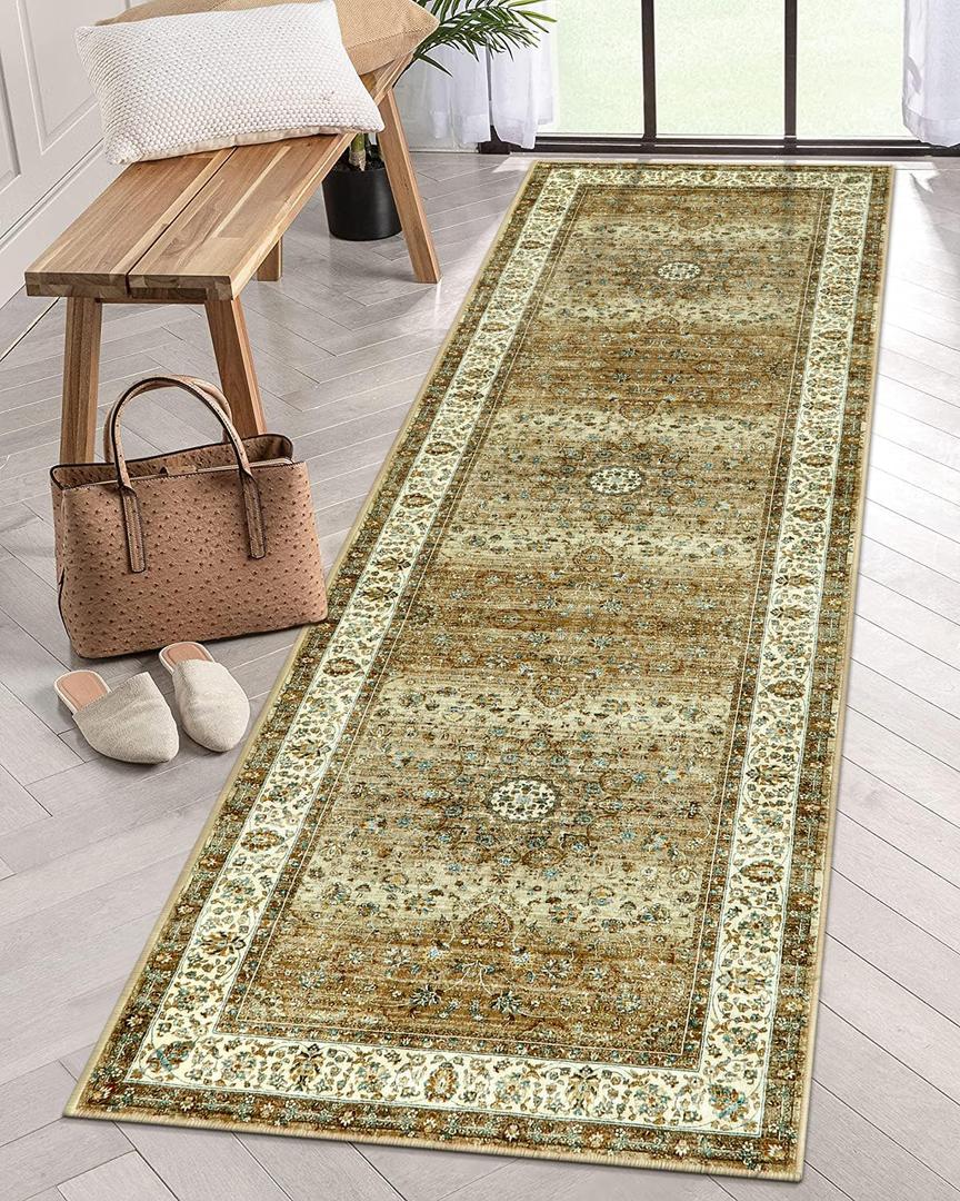 Lahome Washable Rug Runners for Hallways Non Slip,Hallway Runner Rugs with Rubber Backing, 8Ft Oriental Long Carpet Runner for Entryway Indoor Kitchen Bedroom Bedside(Gold, 2.5x8)
