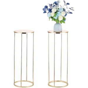2 Pcs Gold Cylinder Pedestal Stand Tabletop Metal Flowers Floor Round Cylinder With Metal Panel 2.62ft High Geometric Display Rack for Wedding Parties Birthday Decoration