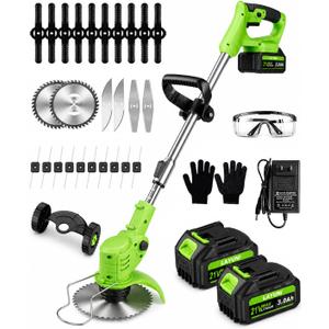 Cordless Weed Wacker with Wheels, 880W Electric Weed Eater with 2 x Batteries, 3-in-1 Battery Powered Grass Trimmer/Brush Cutter with 5 Types Saw Blades, Lightweight for Lawn & Garden