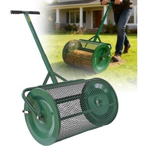 Compost Spreader, 24" Peat Moss Spreader, Roller Lawn Spreader with 3 Heights T Shaped Handle, Side Latches Powder Coated Steel Mesh Basket, Lawn & Garden Spreader for Spreading Manure Topsoil, Green