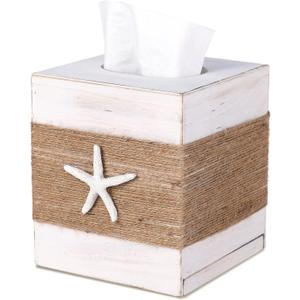 SOMTO Beach Rustic White Wood Square Tissue Box Cover,Farmhouse Bathroom Accessories Starfish Decor Tissue Holder with Slide-Out Bottom Panel