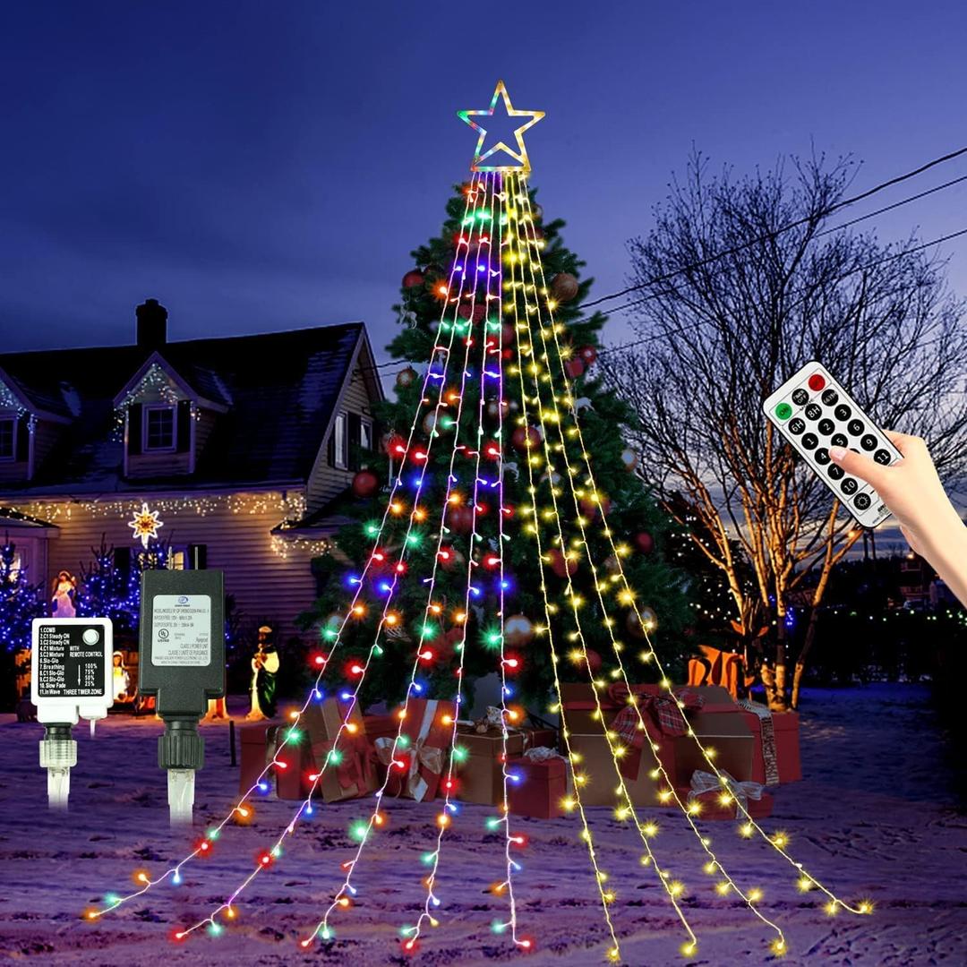 Christmas String Lights 317 LED Star Waterfall Twinkle Fairy Lights Color Changing for Christmas Decorations Party Wedding Indoor Outdoor Decorative Lights (multicolor&warm white)