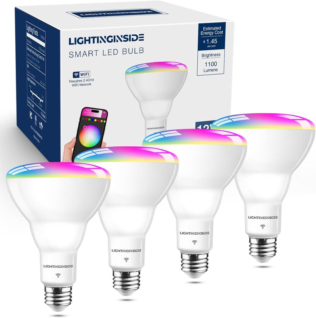 Smart Light Bulbs 75W Equivalent, 1100LM 12W RGBCW BR30 E26 Recessed Flood Light Bulb Compatible with Alexa/Google Assistant/Smart Life, No Hub Required, 2.4G WiFi, ETL Listed, 4PCS