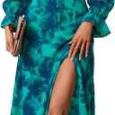 BLENCOT Womens Casual Square Neck Long Sleeve Boho Floral Midi Dress Print Side Split Dresses (Blue, L)