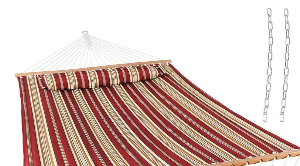 Quilted Double Hammock for Outside with Spreader Bars and Pillow - 450 lb Capacity, 74x55 Inch Bed, UV Resistant, Quick Dry - Chains Included, Stand Sold Separately - Red Stripe