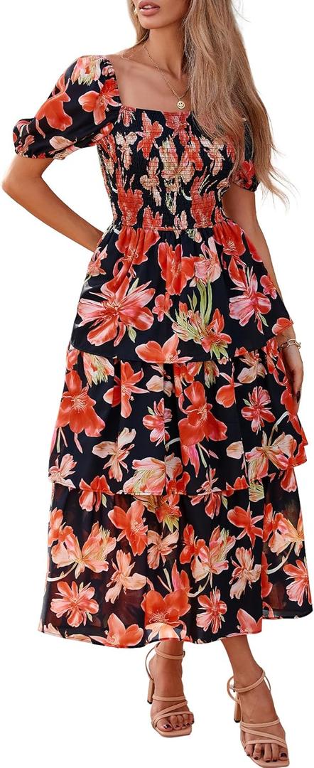 BTFBM Women's Square Neck Smocked Dress Summer Puff Short Sleeve Floral Casual Ruffle Tiered Maxi Wedding Guest Dresses (Medium, Floral Black Orange)