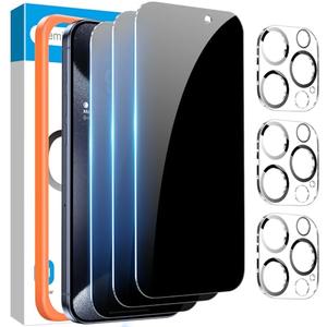 Fotbor [3+3 Pack for iPhone 15 Pro MaxPrivacy Screen Protector & Camera Lens Protector,Privacy 15 Pro Max,Anti Spy Private Tempered Glass Easy Installation Kit 6.7 Inch Accessories,Black (D-1)