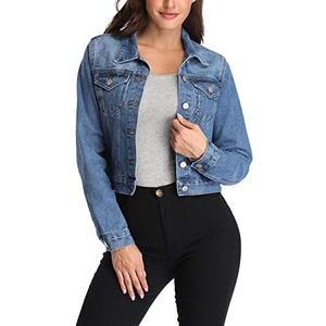 andy & natalie Women's Denim Jackets Cropped Long Sleeve Basic Button Down Crop Jean Shacket with Pockets (Blue, M)