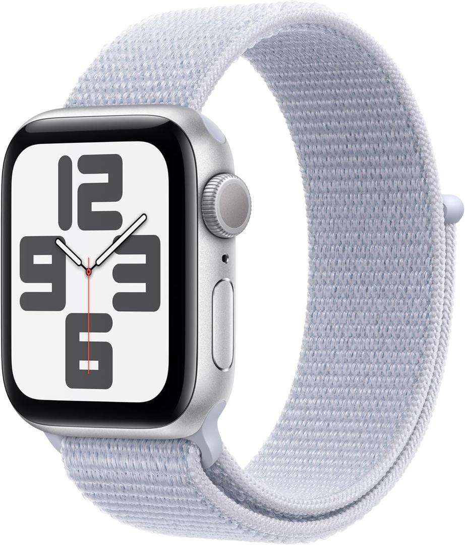 Apple Watch SE (2nd Gen) [GPS 40mm] Smartwatch with Silver Aluminum Case with Blue Cloud Sport Loop One Size. Fitness and Sleep Trackers, Crash Detection, Heart Rate Monitor, Carbon Neutral