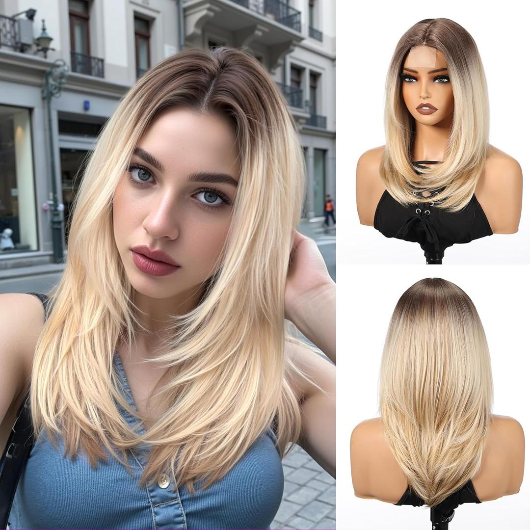 Ombre BlondeWig for Women, Long Straight Layered Style with Natural-Looking Middle Part, Heat Resistant Synthetic Wig for Daily Use