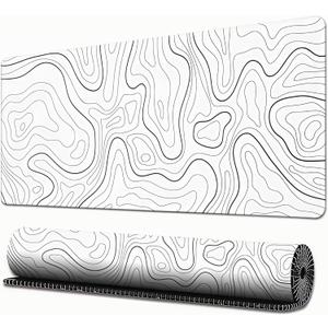Large Gaming Mouse Pad, White Topographic Mousepad Desk Mat for Gaming Office, Long XL Mouse Pads Keyboard Pad Desk Pad for Computer Laptop 31.5''x11.8''