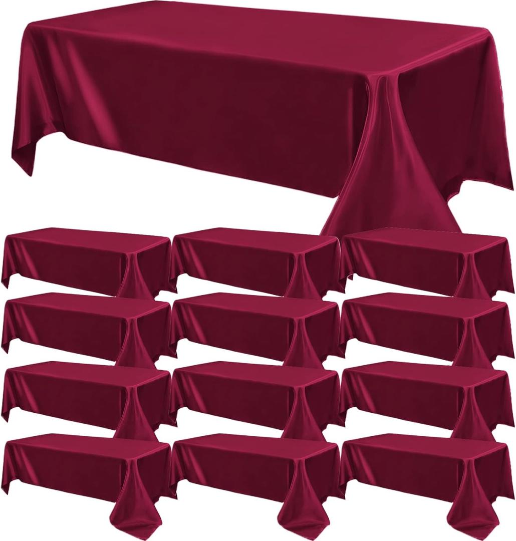 12 Pack Satin Polyester Tablecloth Wedding Rectangle Tablecloth Bright Silk Table Cloth Smooth Fabric for Wedding Banquet Birthday Party Bridal Baby Shower Anniversary Table Decor(57"x108",Burgundy)