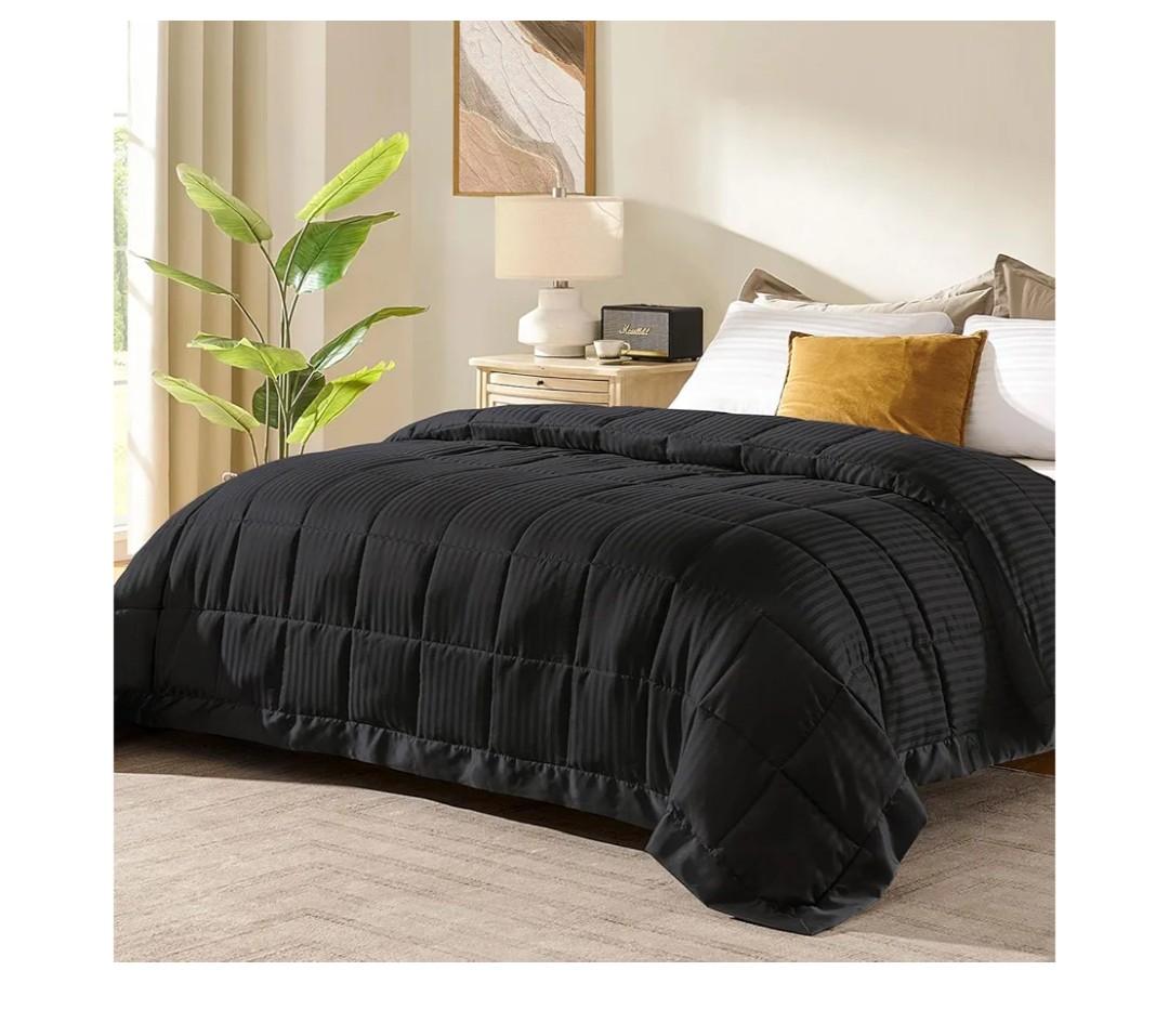 downluxe Queen Size Blanket with Satin Trim, Lightweight Down Alternative Blankets Queen Size for All Season, Machine Washable (Black, 90x90 Inch)