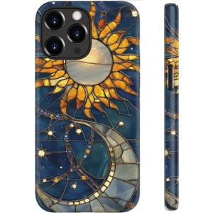 for iPhone 15 Pro Max Case Cute,Aesthetic Stained Glass Moon and Sun Blue Phone Case, Compatible with Magsafe, Trendy Cool Retro Western Protective Slim Silicone Phone Cover for Women Girls