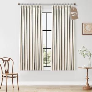Natural Cream 100% Blackout Linen Pinch Pleated Curtains 63 Inche with Thermal Insulated White Liner Memory Trained for Bedroom Living Room Boho Privacy Window Drapes Nursery 40"Wx63"L 2 Panels Set
