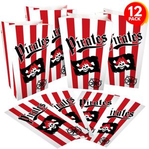 ArtCreativity Pirate Party Favor Bags, Pack of 12, Pirate Themed Goodie Gift Paper Bags, Durable Treat Bags, Pirate Party Supplies and Favors for Birthday, Baby Shower, Holiday Goodies