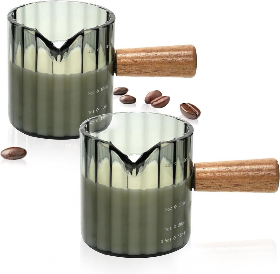 Espresso Cups Set of 2, 4 OZ Espresso Shot Glasses with Wood Handle, V-Shaped Spouts Cups, Ribbed Milk Frothing Pitcher, Glass Measuring Cup, Coffee Espresso Accessories, Demitasse Cups, Small (Gray)