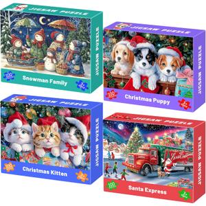 100 Piece Puzzles for Kids Ages 4-6 6-8 8-10, 4 Pack Christmas Kitty Puppy Snowman Santa Jigsaw Puzzles, Kids Puzzles Learning Educational Toys Christmas Puzzle Gifts for Boys Girls