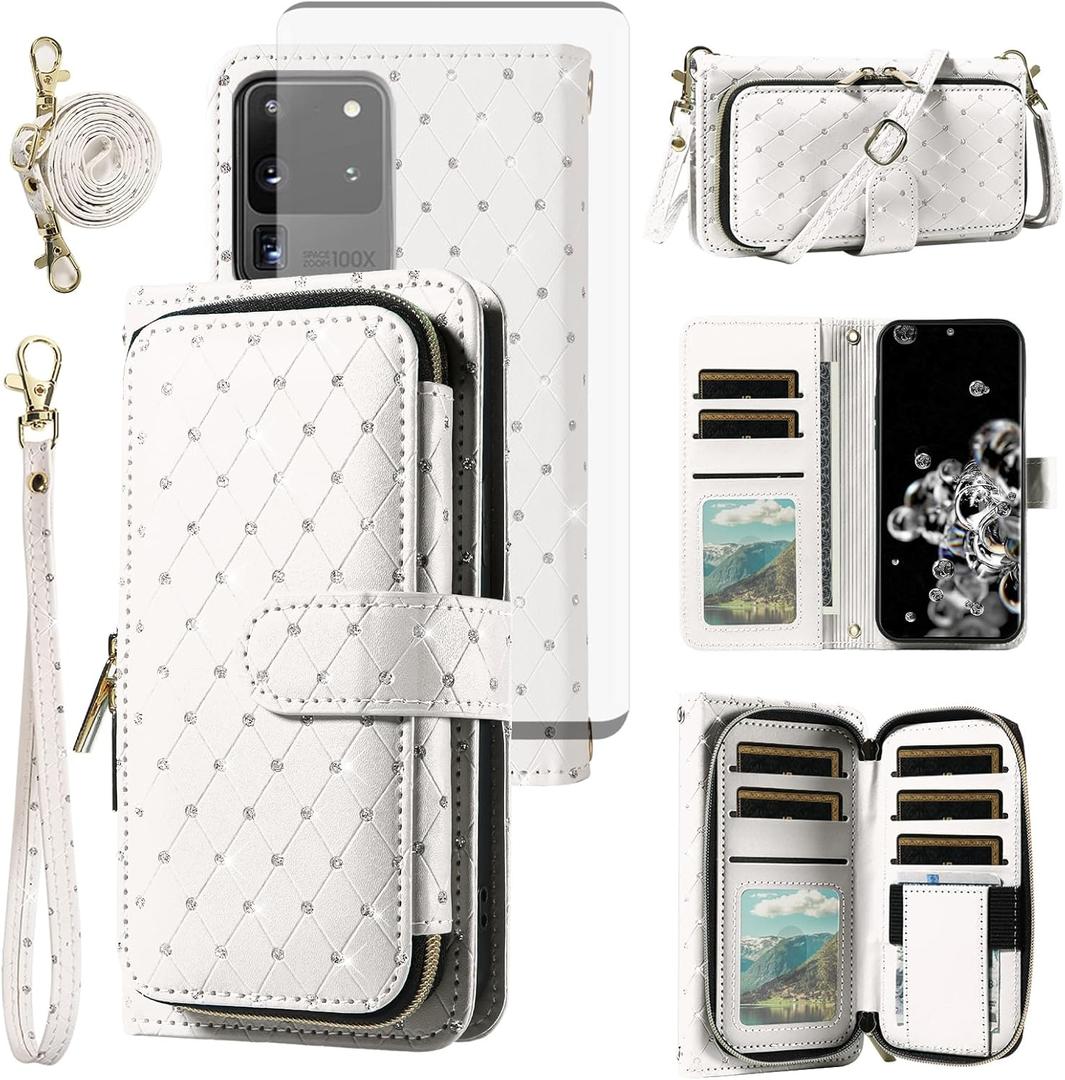 Asuwish Phone Cover for Samsung Galaxy S20 Ultra 5G Wallet Case Cell Zipper with Tempered Glass Screen Protector Crossbody Strap Glitter Card Holder S20ultra 20S S 20 A20 S2O 20ultra G5 Women White