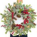 Timer - Christmas Wreath with Lights, 20" Christmas Wreaths for Front Door with 30LED Thick Norfolk PE Pine&Holly Leaves Red&Silver Berries Pinecones, Xmas Door Wreath for Indoor Outdoor Wall Home