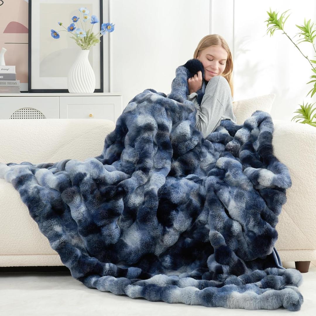Cozy Bliss Faux Fur Throw Blanket for Couch, Fuzzy Soft Plush Thick Bubble Blanket for Sofa Bedroom Living Room, 48" * 70 Inches Tie-dye Blue