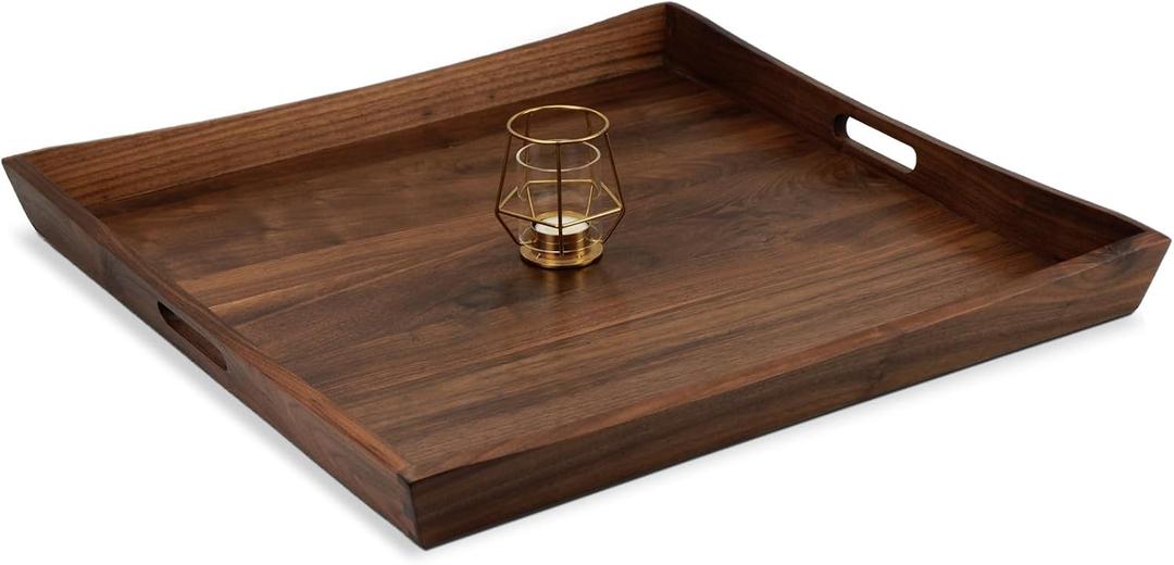 24 x 24 Inches Large Square Curved Black Walnut Wood Ottoman Tray with Handles, Serve Tea, Coffee Classic Wooden Decorative Serving Tray