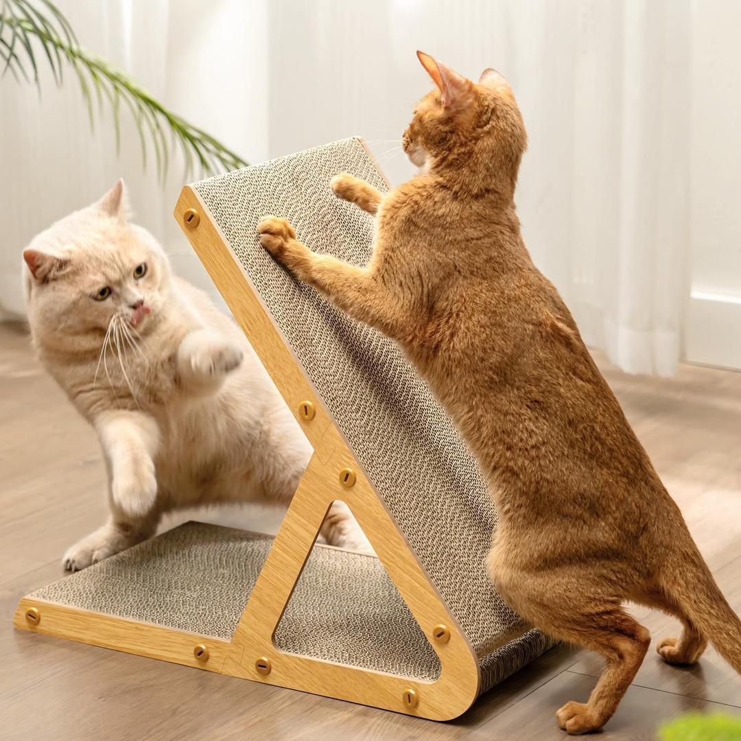 A-Frame Cat Scratching Board, Recycled Cardboard & Wood Frame, Dual-Sided Vertical Horizontal Cat Scratcher for Indoor Kittens, Space-Saving Furniture Protector for Sofa Walls, Light Wood