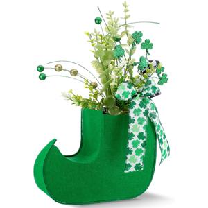 St. Patrick's Day Table Decorations Boot Vase with Artificial Flowers 17.7 Inch Irish Leprechaun Flower Vase Green Shamrock Elf Planter Pot Centerpieces for Table Home Party Decor
