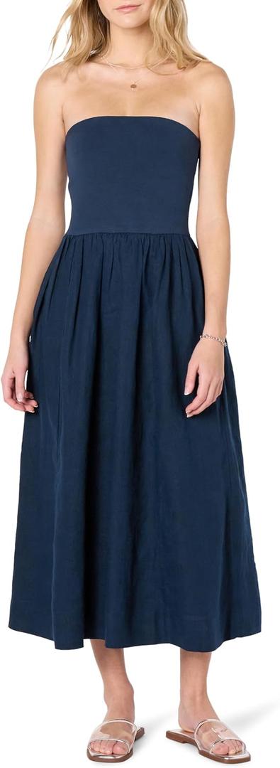 The Drop Womens Hellen Strapless Mixed Media Maxi Dress (Large, Maritime Navy) The Drop Womens Hellen Strapless Mixed Media Maxi Dress (Large, Maritime Navy)