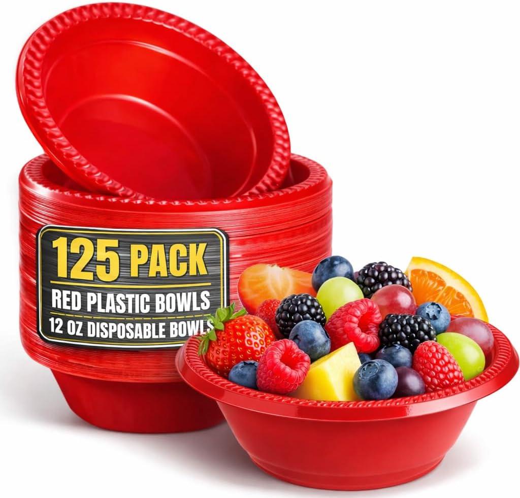 Red Plastic Bowls 12 Oz, Disposable Party Bowls - Red Soup Bowls (125 Pack)