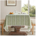 ZeeMart Hemstitched Embroidery Striped Boho Tablecloth 60x120 Inch Light Green, Heavy Weight Farmhouse Burlap Linen Sage Tablecloth, Wrinkle Resistant Washable Table Cloth for Rectangle Table
