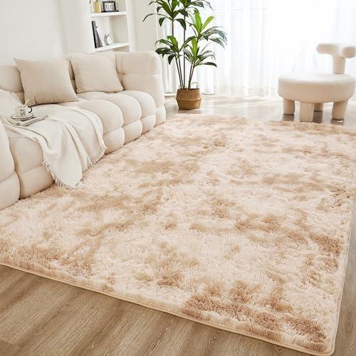 Litanika 5x8 Shag Area Rug for Living Room Bedroom, Tie-Dyed Beige High Pile Soft Plush Shaggy Furry Cream Bedside Playroom Dorm Carpet, Non-Slip, Non-Shedding Modern Indoor Floor Rug