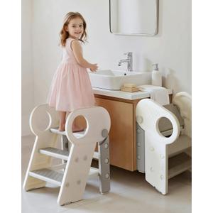 Soladder Foldable Toddler Step Stool for Bathroom Sink, Non-Slip Adjustable 3 or 2 Step Stool for Toddlers to Train Toilet Potty, Plastic Toddlers Kitchen Stool Helper for KidsGray