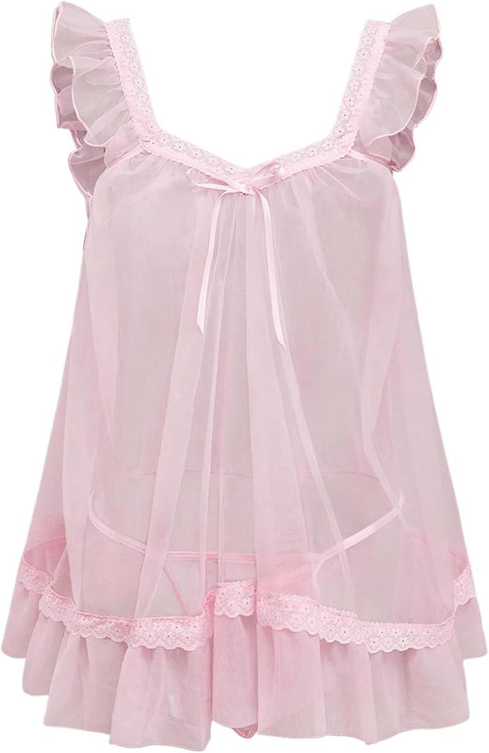 OYOANGLE Women's Lingerie Set 2 Piece Mesh Lace Sheer Chemise and G String Babydoll Nightwear (Medium, Pink)