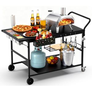 Pizza Oven Table with Topping Station, Outdoor Pizza Oven Cart, Grill Cart Table for Blackstone Griddle, Pizza Prep Station with Storage & Seasoning Tray, for Ninja, Cuisinart, Gozney