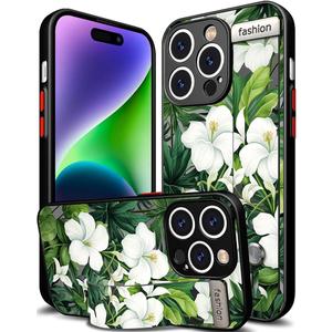 Compatible for iPhone 14 Pro Max Case Cute with Strap Stand Finger Kickstand, Designer Cool Silicone Cases Funda Cover - Green Fresh Tropical Leaves