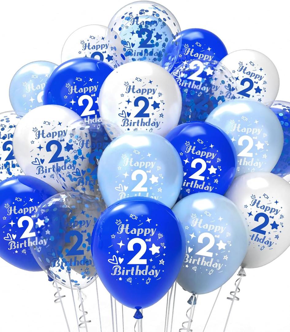 SUWEN Blue 2nd Birthday Balloons 38PCS 12Inch Latex Number Printed Balloons 1-9 Happy 2 Year Old Birthday Party Anniversary Decorations for Boys