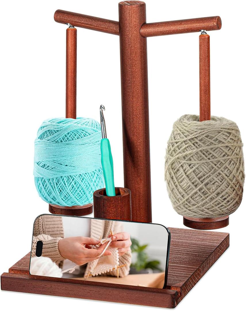 Wooden Yarn Holder for Crocheting & Knitting Upgraded Magnetic Rotating Yarn Spinner with 2 Spindles & Phone Stand Crochet Accessories Crochet Gift for Crocheting Knitting Lovers Crocheters
