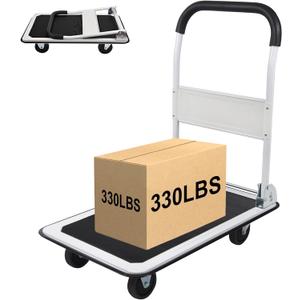 LEADALLWAY Foldable Push Cart Platform Cart 330lbs Capacity 4 Wheels 28.7x18.5x32.3inches White Small Flatbed Cart