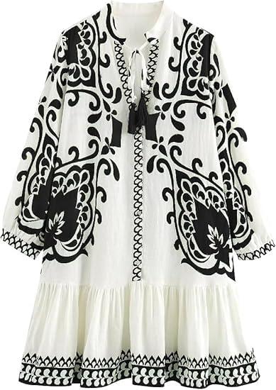 Womens Floral Printed Button Down Boho Mini Dress V Neck Long Sleeve A Line Casual Vacation Spring Dresses (Medium)