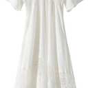 Olaesa Women's Lace Maxi Dress Short Sleeve V Neck Party Dress Smocked Waist Boho Maxi Dress Bohemian Dress for Women (Large, White)