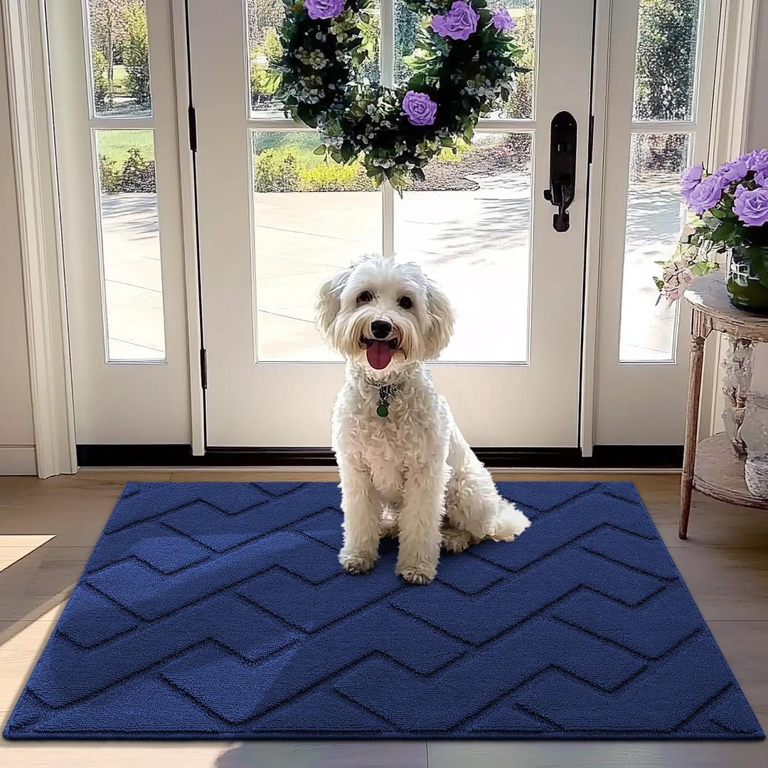Indoor Doormat, Front Back Door Mat Rubber Backing Non Slip Door Mats 32”x40” Absorbent Resist Dirt Entrance Doormat Inside Floor Mats Rug for Entryway Machine Washable Low-Profile (Navy Blue)
